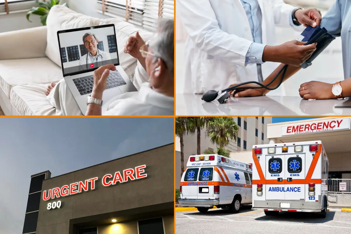 Four care options for cyclosporiasis: telehealth, primary care doctor, urgent care, and emergency room