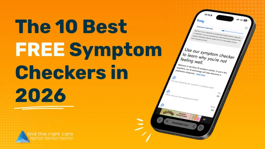 Smartphone showing the Buoy Health AI symptom checker next to the headline "The 10 Best Free Symptom Checkers in 2026"